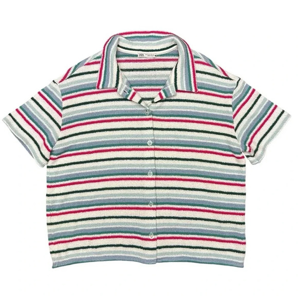 ZARA Knit Top Striped Button Front Short Sleeve Collared Relaxed Fit Grandpacore - Picture 5 of 10
